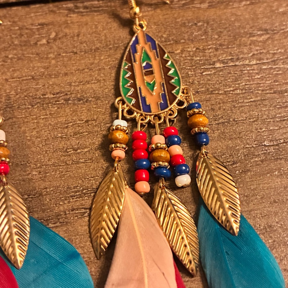 Boho Feather Dangle Earrings Southwestern Aztec Beaded Statement Jewelry NEW - Picture 5 of 6